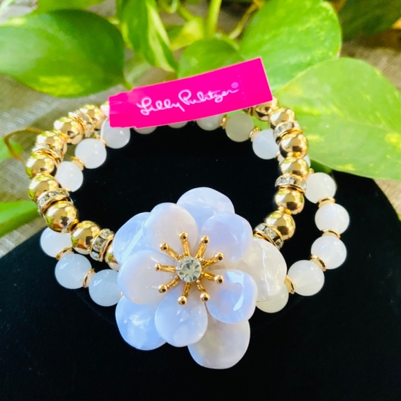 LILLY PULITZER  BRACELET 🩷FLOWER BLOOM WHITE/GOLD /CRYSTAL 🩷BEADED STRETCH - Picture 7 of 9